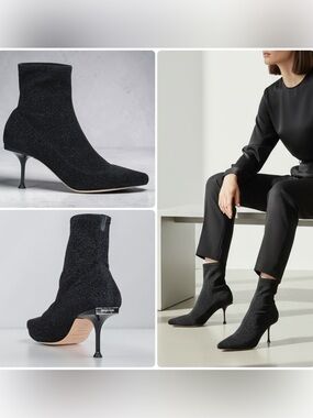 SERGIO ROSSI Vintage Black Sparkle Pointed Sock Ankle Heel Boots Shoe NWOB $1168